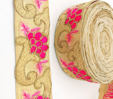 Beige Art Silk Fabric Trim with Floral Embroidery in Peach, Gold and Fuchsia, Flower Embroidered Trim